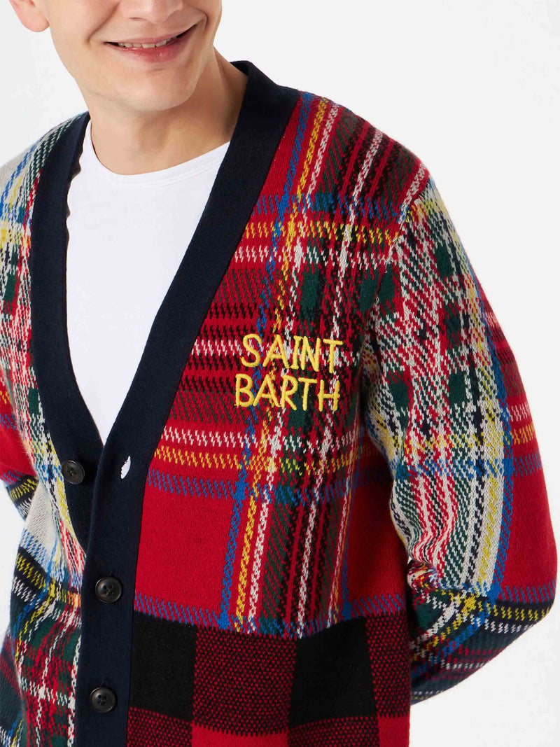 Man tartan knitted cardigan with Saint Barth embroidery