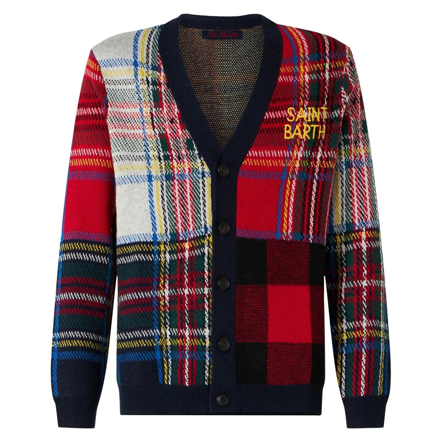 Herren-Strickjacke mit Schottenkaro und Saint-Barth-Stickerei