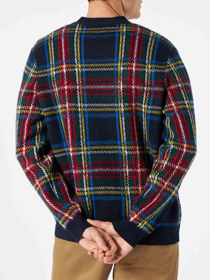 Man tartan knitted cardigan with patch