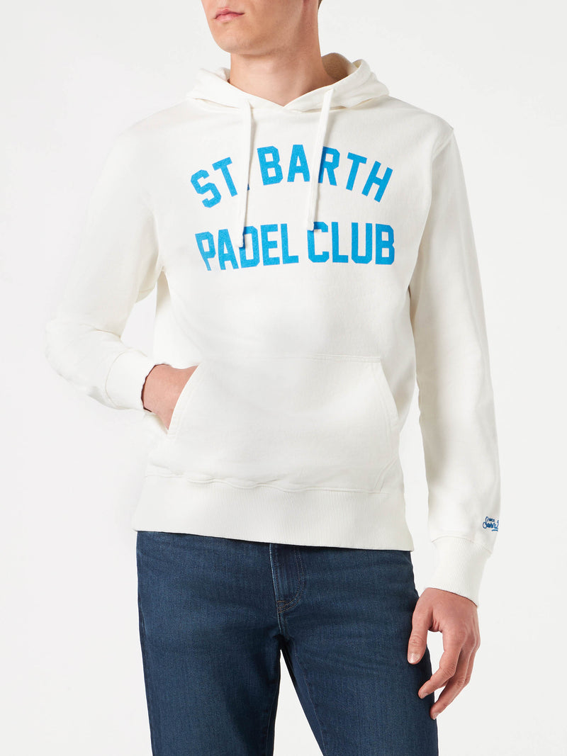 Man cotton hooded white sweatshirt with bluette St. Barth Padel Club print