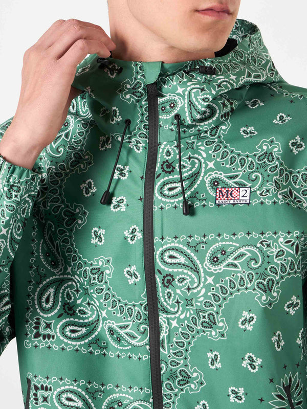 Man hooded lightweight windbreaker with bandanna print