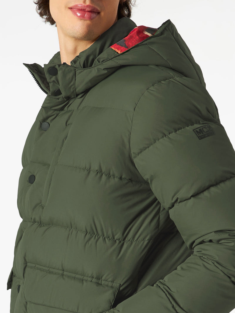 Man hooded down padded jacket Baxter with ethnic print