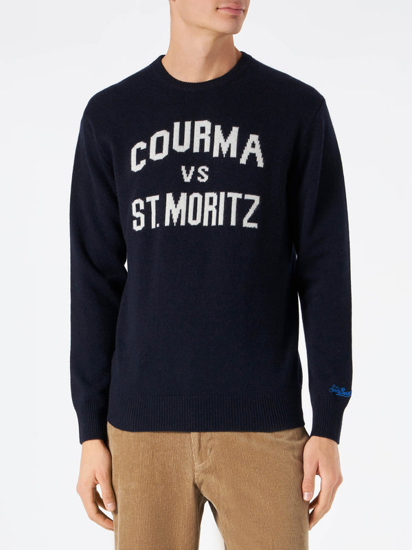 Man navy blue sweater with Courma vs St. Moritz print