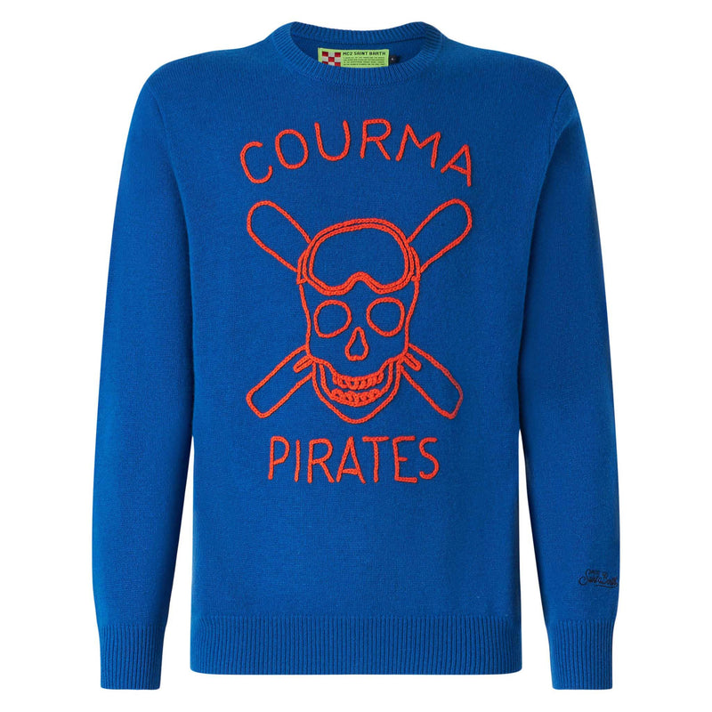 Man blue sweater with Courma Pirates embroidery