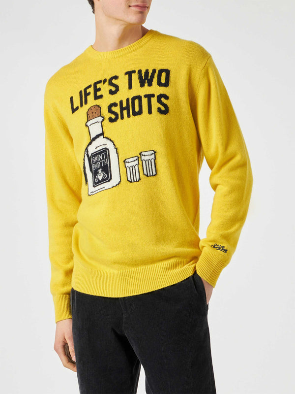 Man yellow sweater with Life's two shots lettering