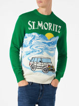 Maglia da uomo verde con stampa cartoline di St.Moritz