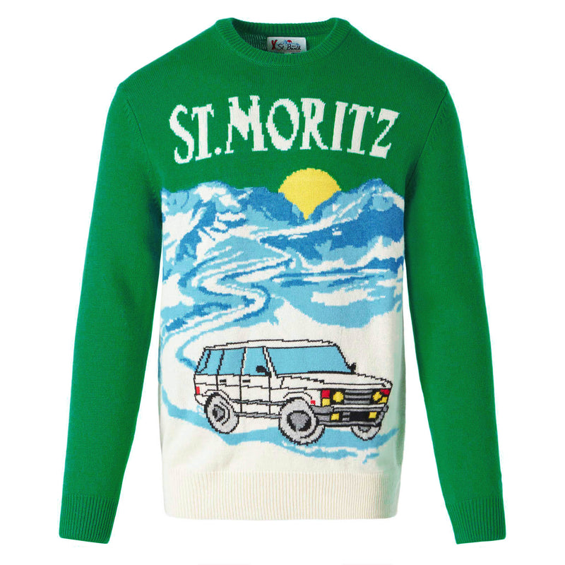 Maglia da uomo verde con stampa cartoline di St.Moritz