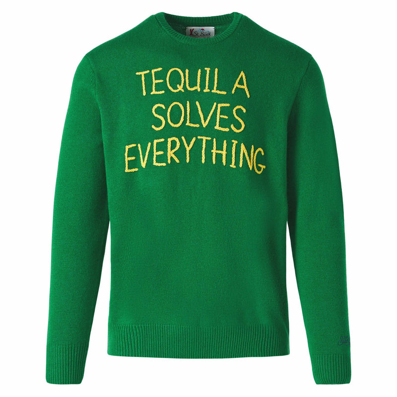 Maglia da uomo verde con ricamo Tequila solves everything