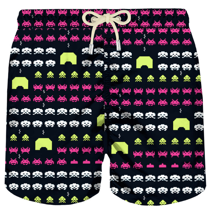 Man light fabric swim shorts with space print