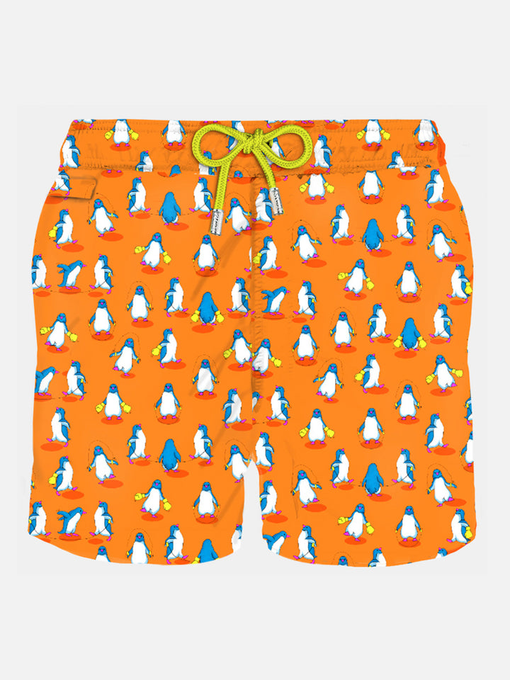 Herren-Badeshorts aus leichtem Stoff mit Pinguin-Aufdruck