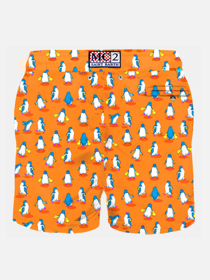 Herren-Badeshorts aus leichtem Stoff mit Pinguin-Aufdruck