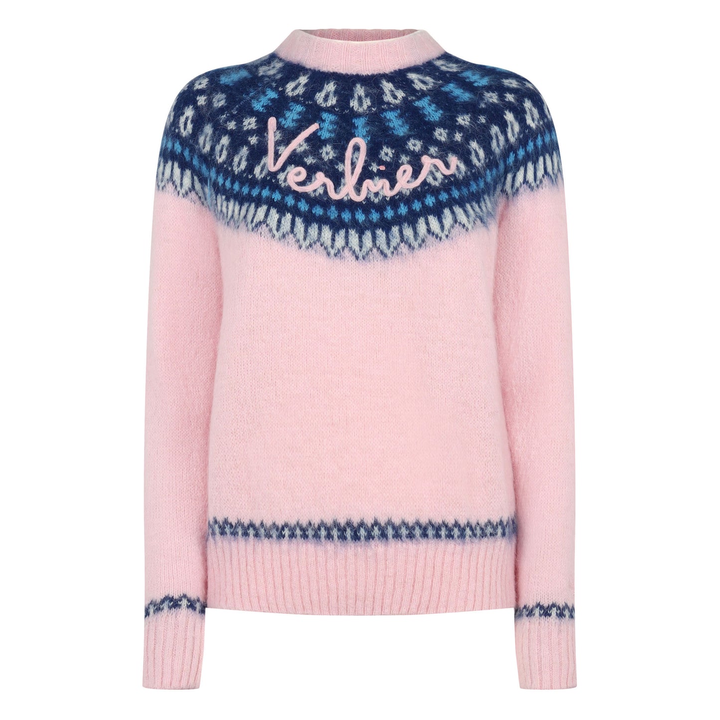 Woman pink crewneck nordic jacquard sweater