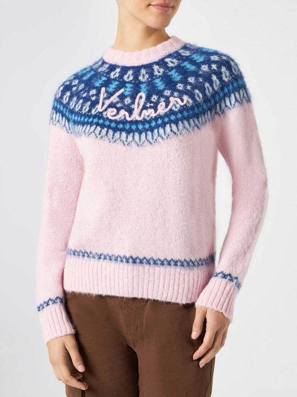 Maglia da donna rosa girocollo in jacquard nordico