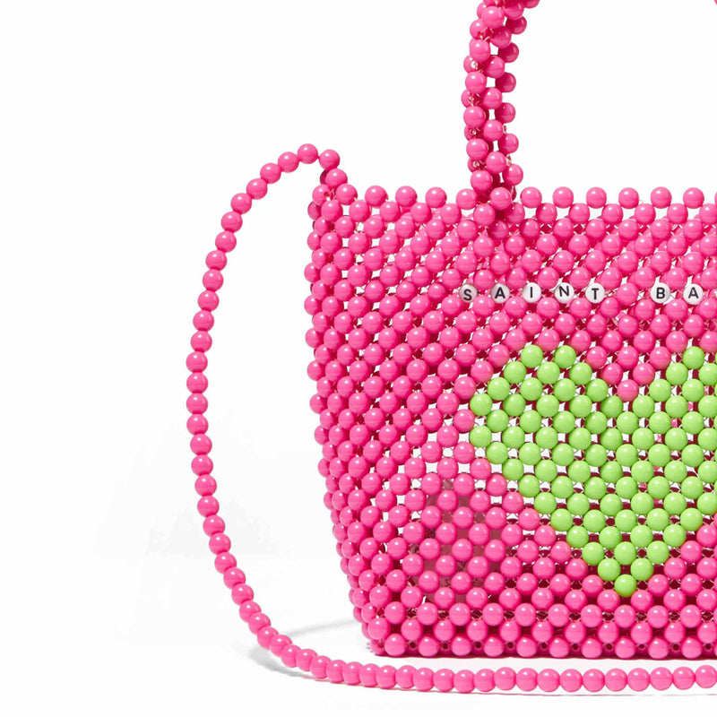 Borsa a mano rosa con perline e cuore verde