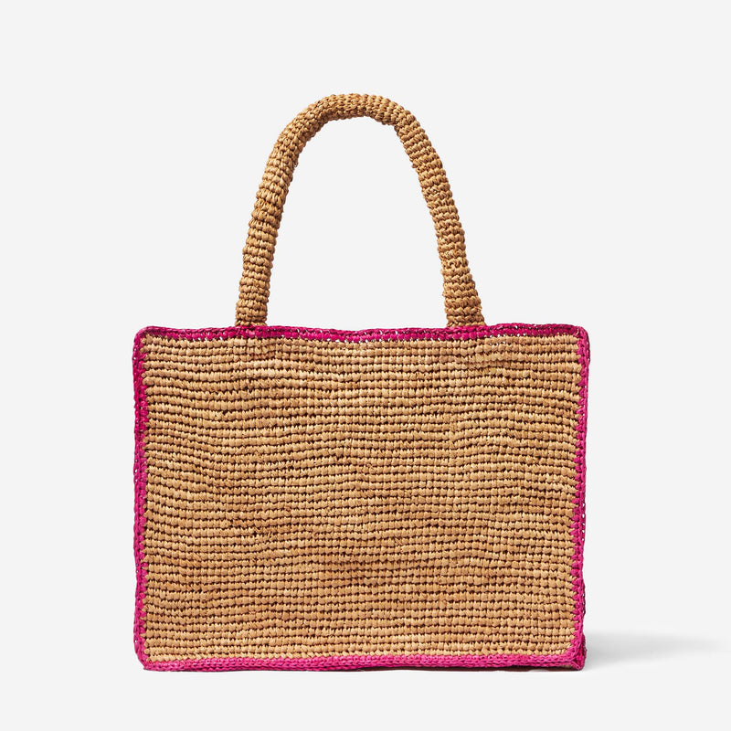 Borsa in rafia con ricamo frontale fucsia