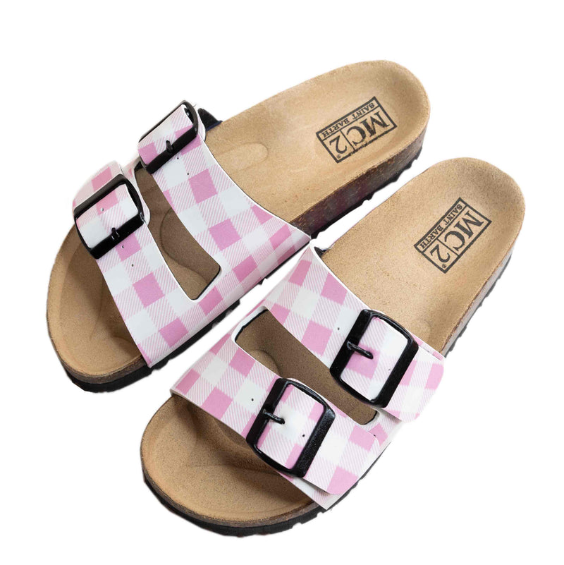 Korksandalen mit rosa Gingham-Print