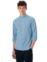 Man light blue denim linen shirt