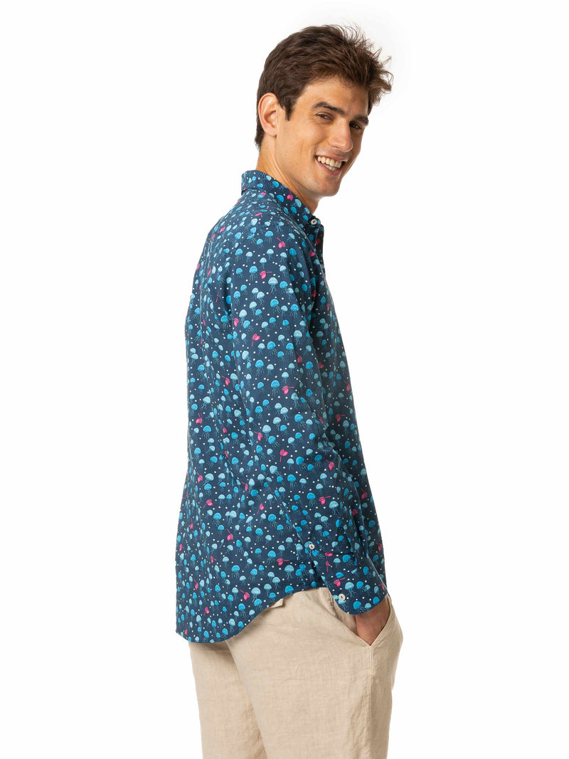 Man muslin cotton Sikelia shirt with jellyfish print