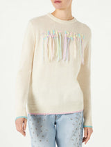 Woman brushed sweater with Saint Barth fringed embroidery