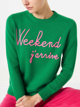 Green sweater Weekend j'arrive fluo pink embroidery