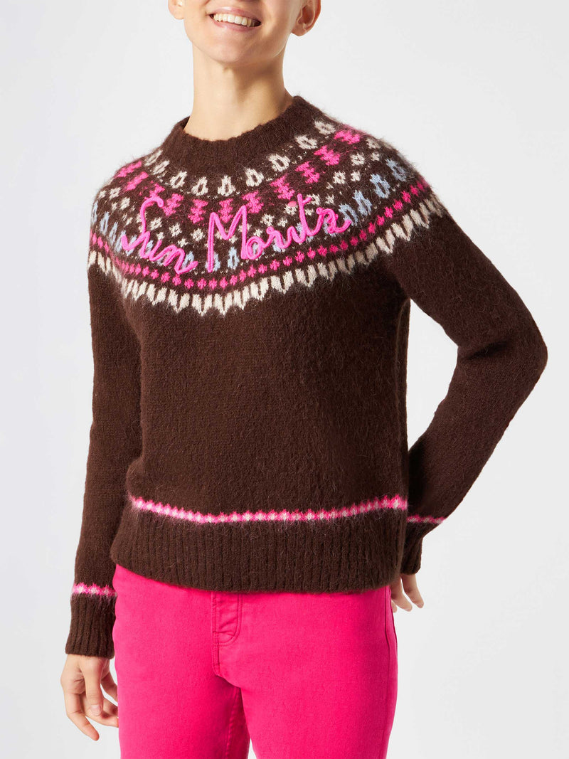 Woman brown crewneck nordic jacquard sweater