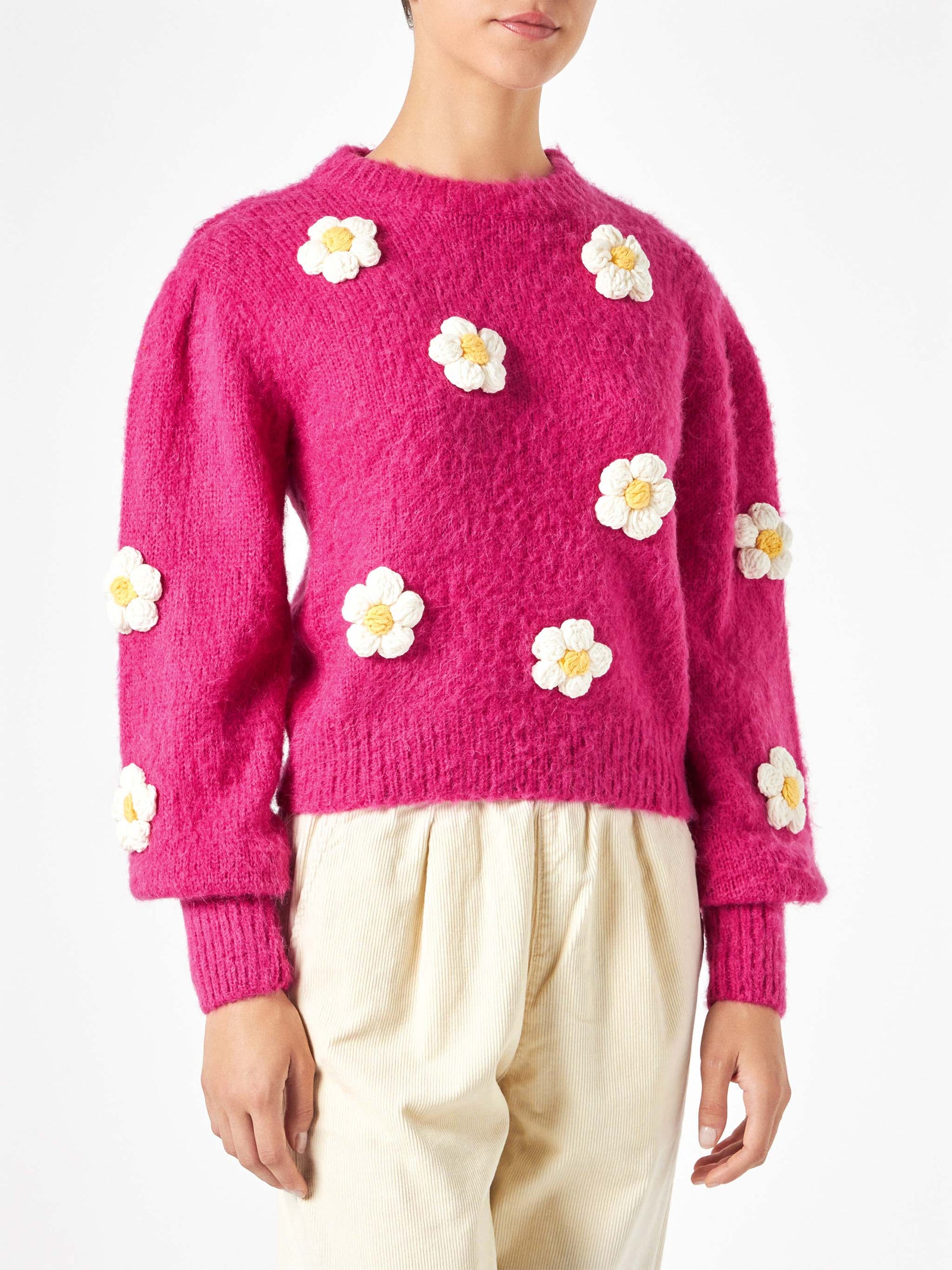 Woman brushed sweater with crochet flowers appliqués - MC2 Saint Barth