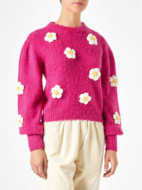 Woman brushed sweater with crochet flowers appliqués - MC2 Saint Barth