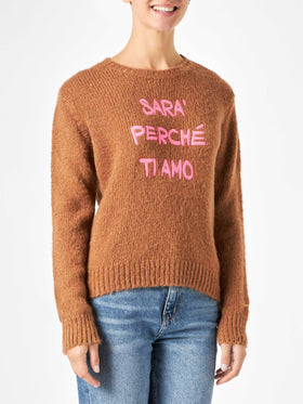 Maglione da donna garzato marrone con ricamo