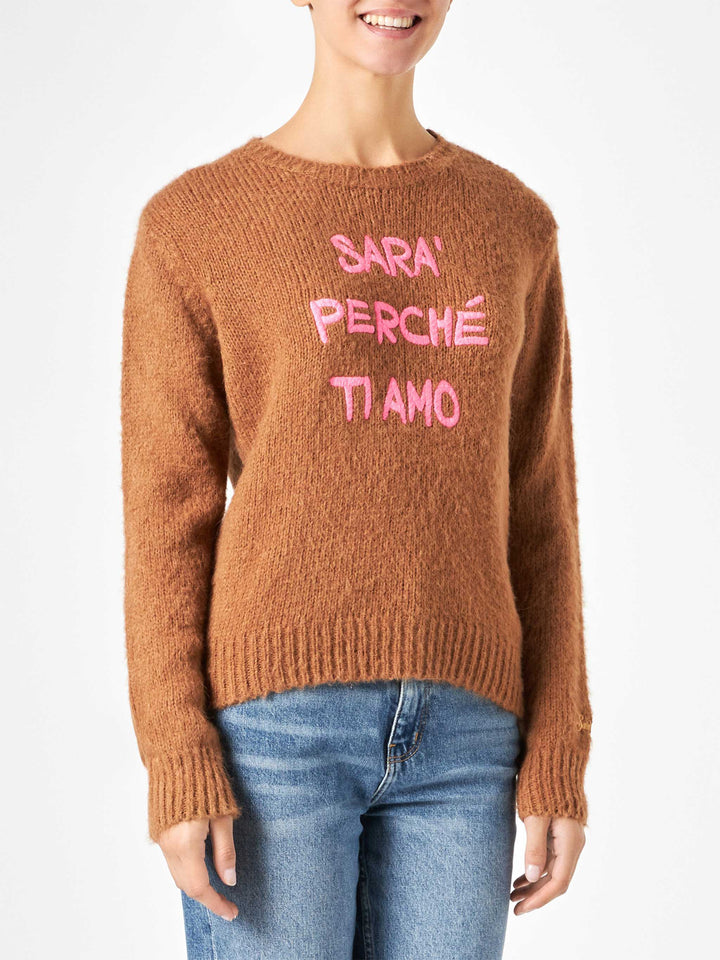 Maglione da donna garzato marrone con ricamo