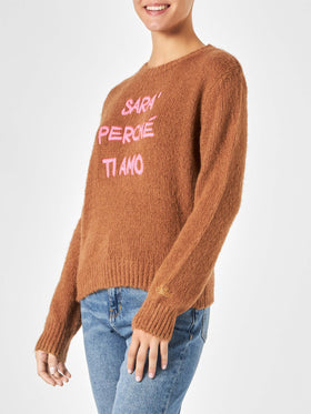 Maglione da donna garzato marrone con ricamo