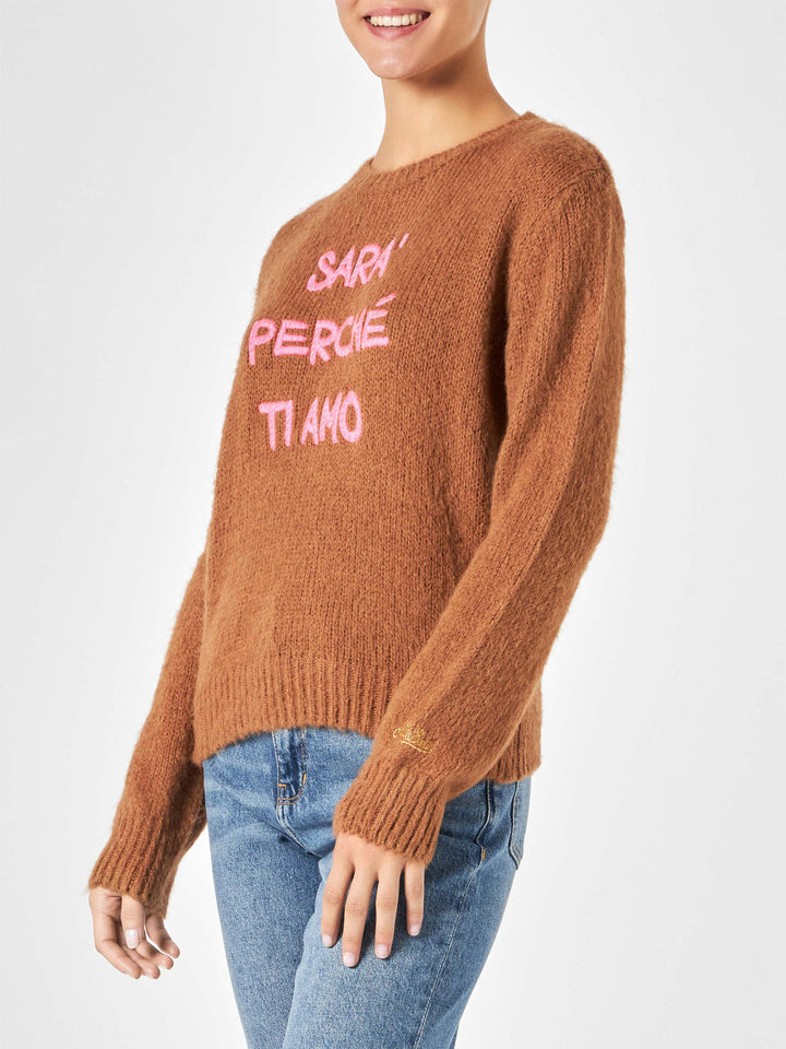 Maglione da donna garzato marrone con ricamo