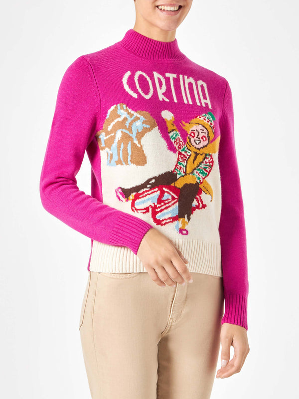 Woman crewneck sweater with Cortina postcard