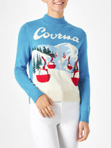 Woman crewneck sweater with Courmayeur postcard