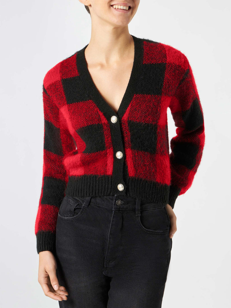 Cardigan corto da donna con bottoni gioiello e stampa tartan