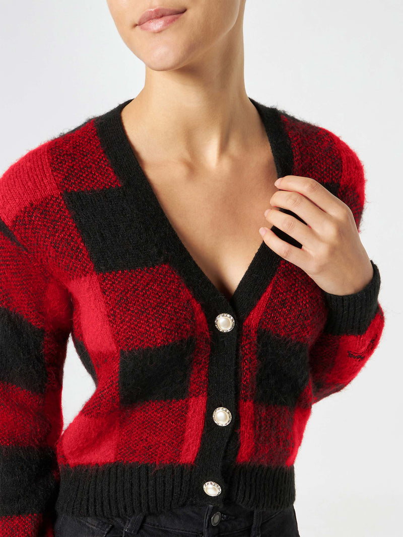 Cardigan corto da donna con bottoni gioiello e stampa tartan