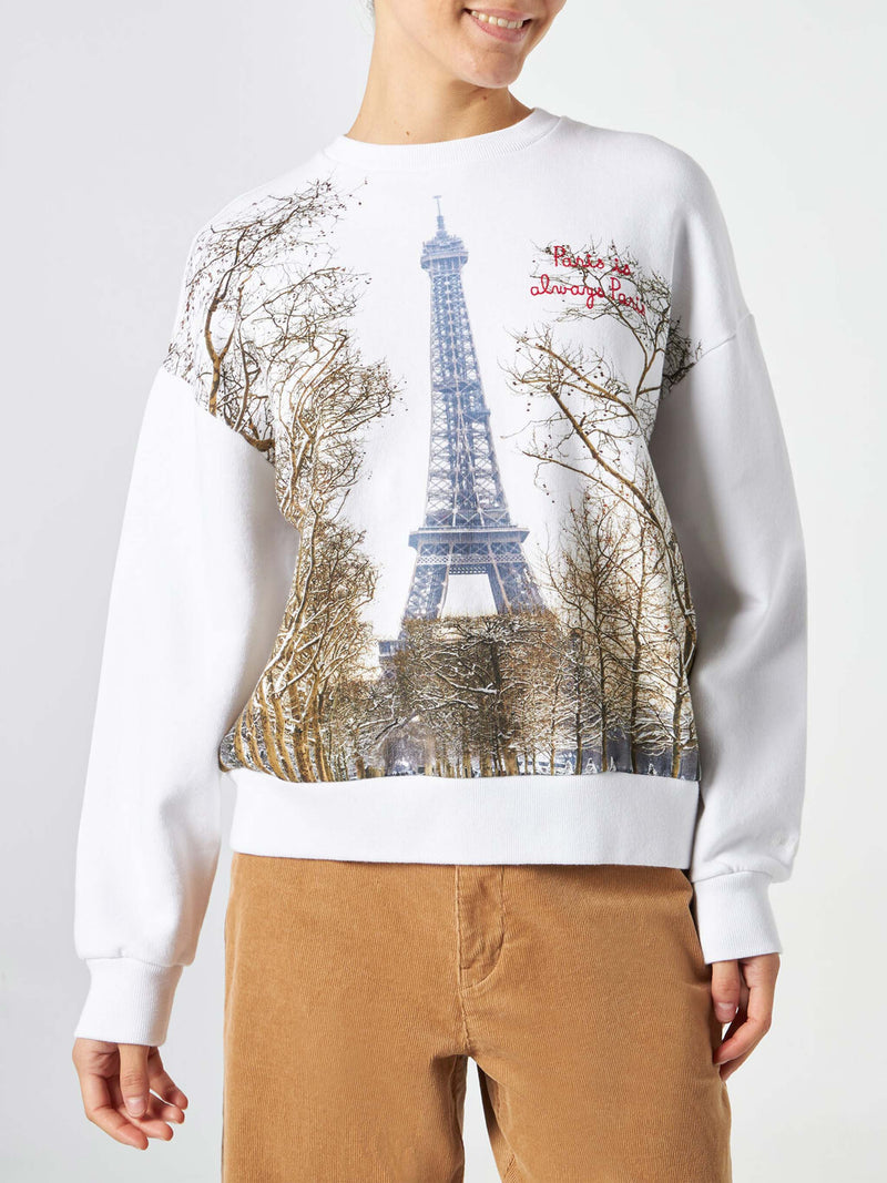 Damen-Fleece-Sweatshirt mit Paris-Postkartendruck