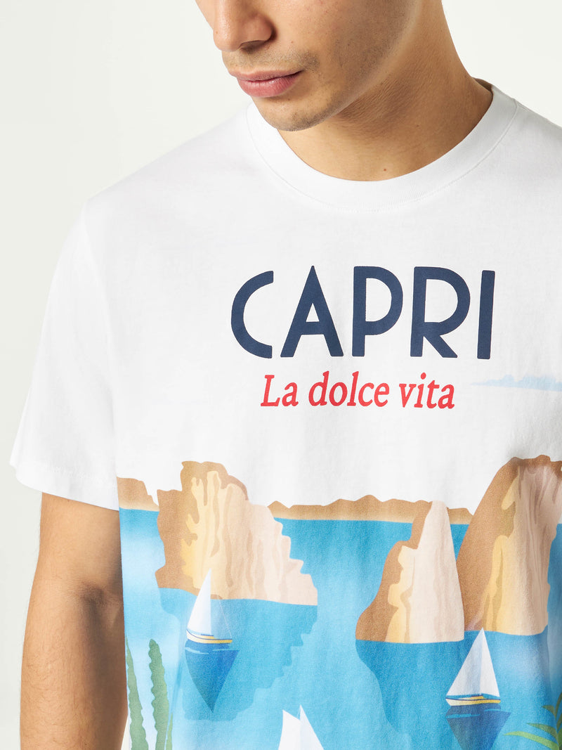 Man cotton t-shirt with Capri postcard print