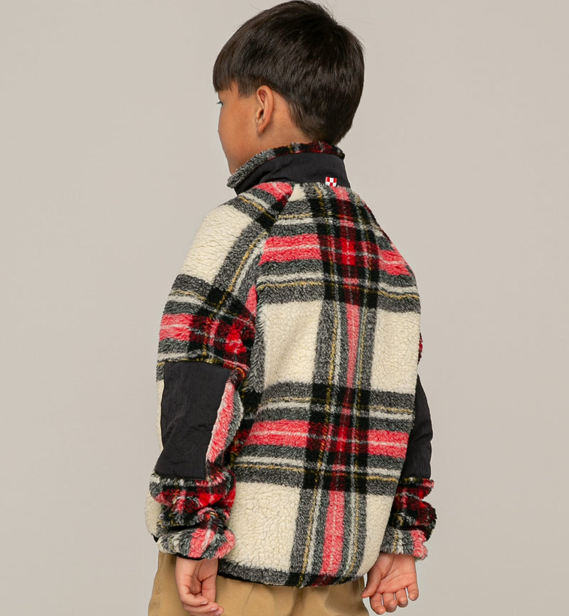 Kids tartan sherpa jacket with St. Barth Bob Club embroidery