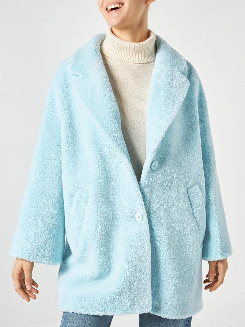 Cappotto da donna in tessuto teddy azzurro