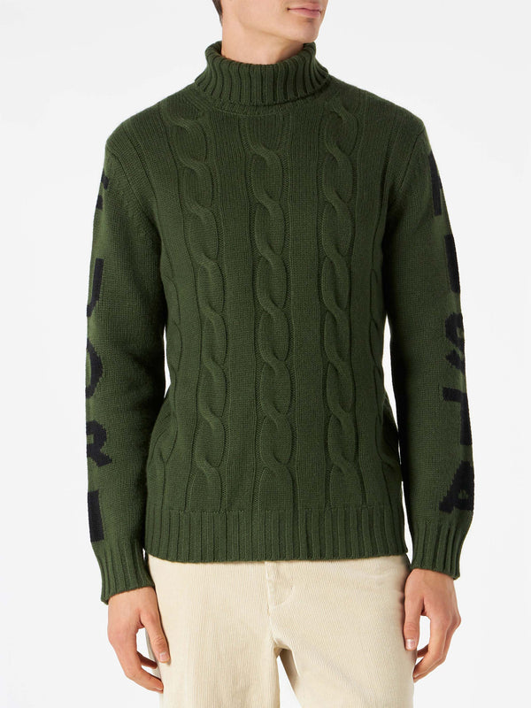 Man turtleneck braided sweater with Fuori pista print