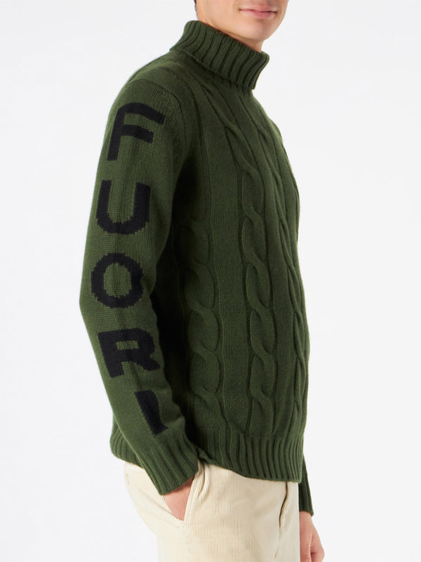 Man turtleneck braided sweater with Fuori pista print