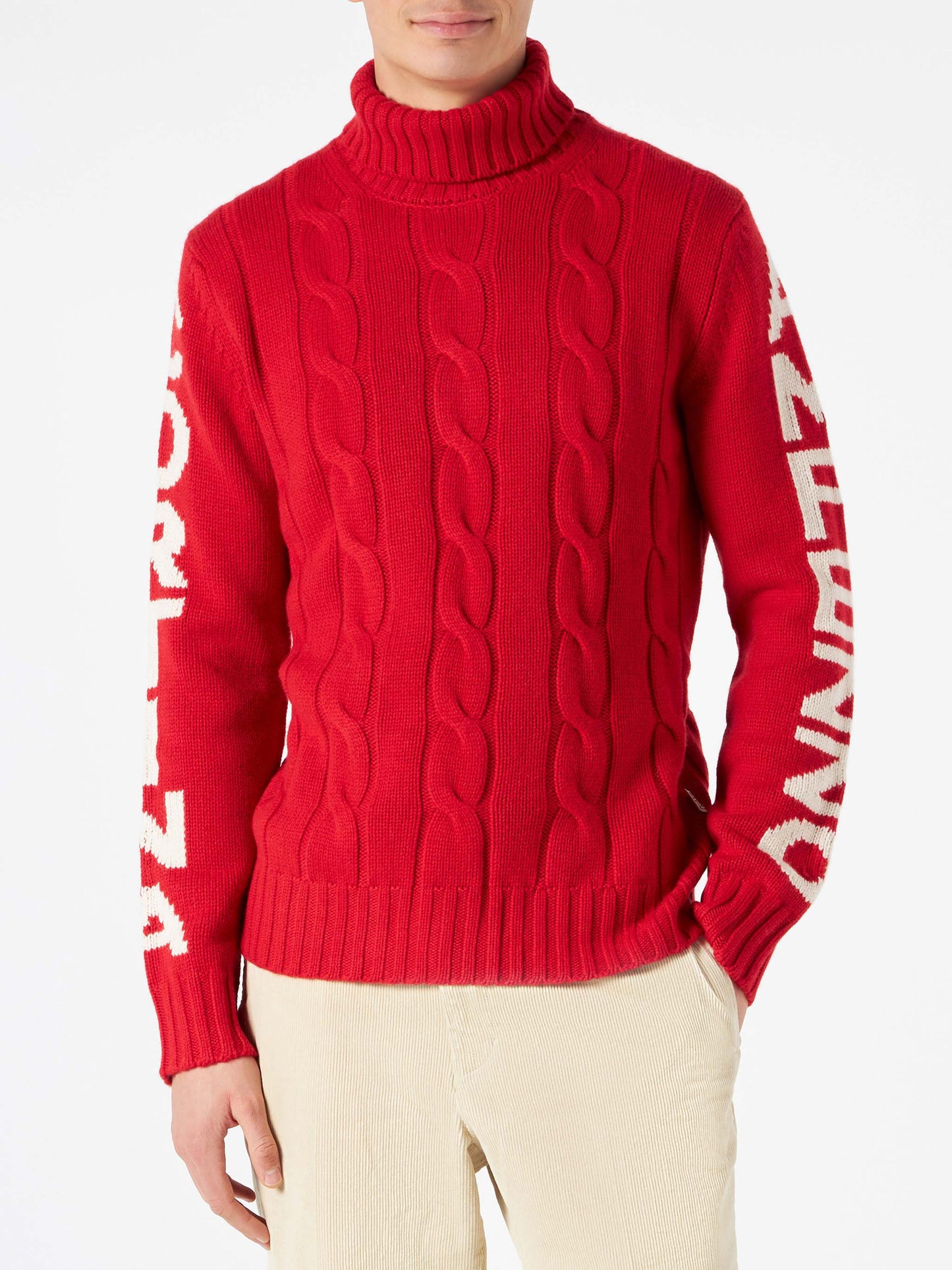 Man turtleneck braided sweater with Cortina Ampezzo print