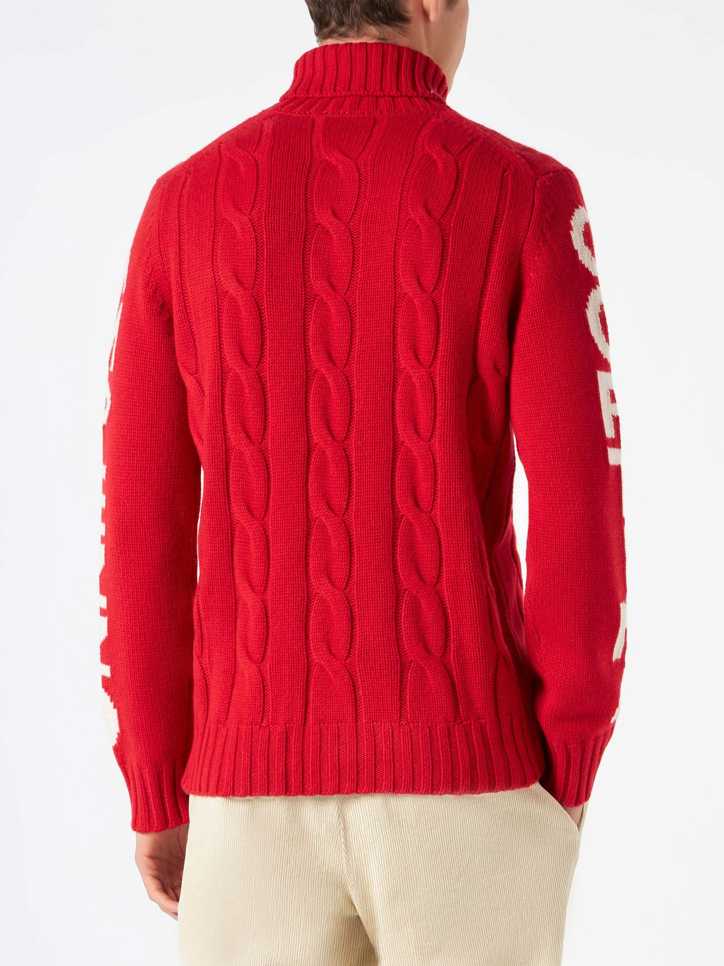 Man turtleneck braided sweater with Cortina Ampezzo print