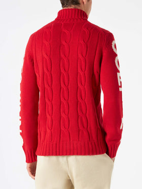 Man turtleneck braided sweater with Cortina Ampezzo print