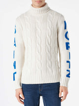 Man turtleneck braided sweater with Saint Moritz print