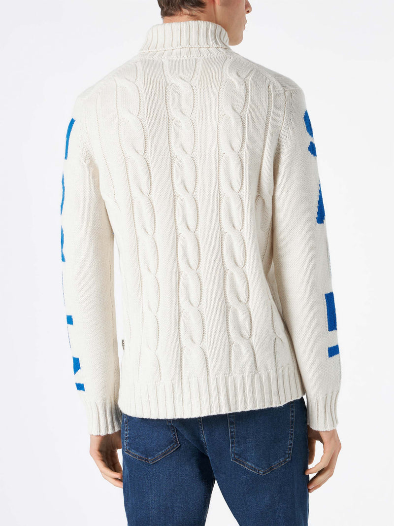 Man turtleneck braided sweater with Saint Moritz print