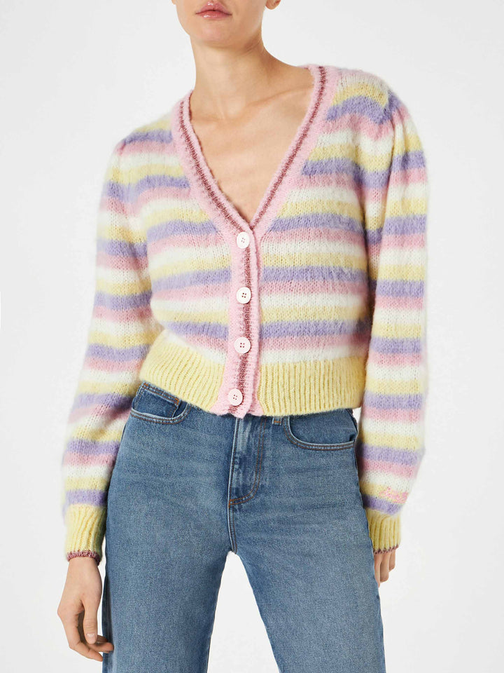 Kurzer Cardigan aus gebürstetem Strick mit Puffärmeln und Lurex-Details