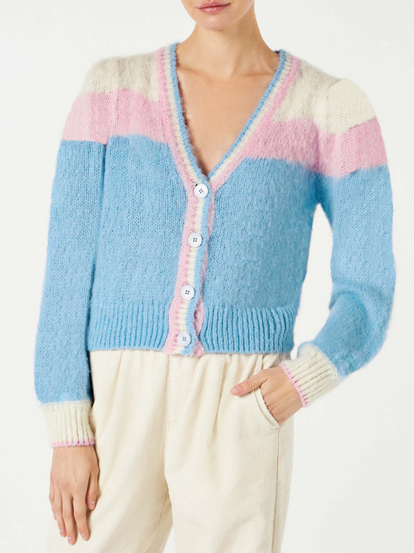 Cardigan crop in maglia garzata con maniche a sbuffo