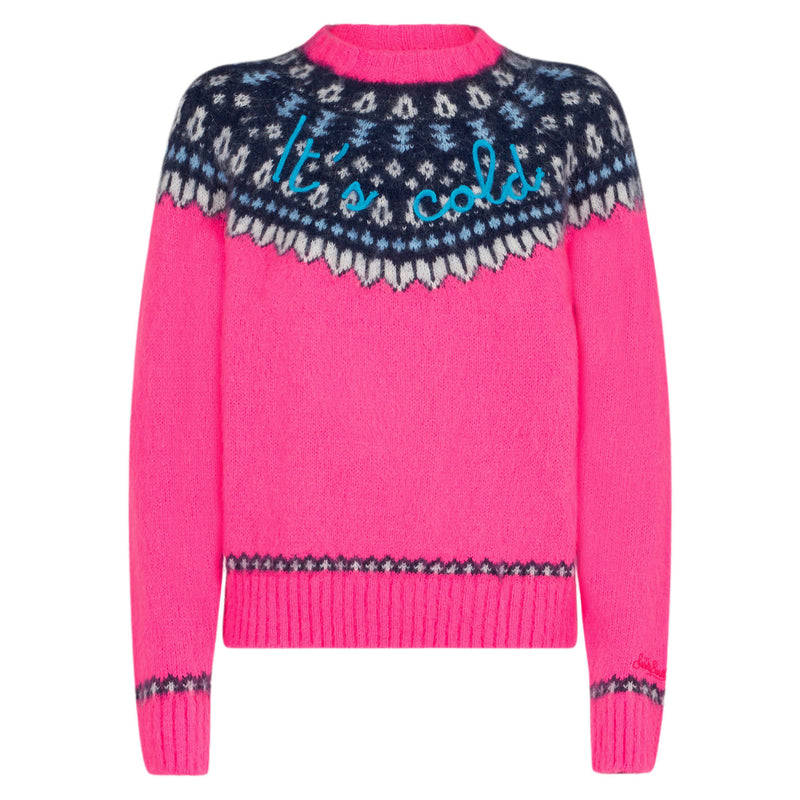 Woman fluo pink crewneck nordic jacquard sweater