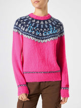 Woman fluo pink crewneck nordic jacquard sweater